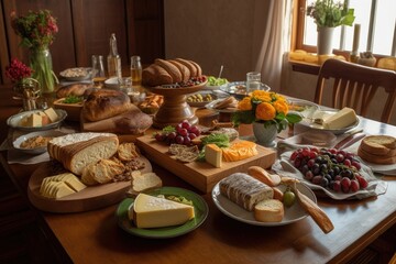 Poster - table setting with assortment of artisan breads, cheeses, and spreads, created with generative ai