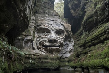 Wall Mural - natural rock formation resembling the face of a person, with eyes and mouth, created with generative ai