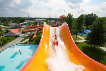 Poster - person, sliding down water slide in themed park, with view of other slides and attractions visible, created with generative ai