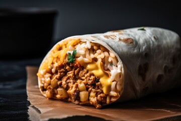 Poster - close-up of warm and gooey burrito, perfectly wrapped, created with generative ai