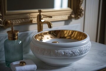 Sticker - round white wash basin with brass faucet, bringing vintage feel to modern bathroom, created with generative ai