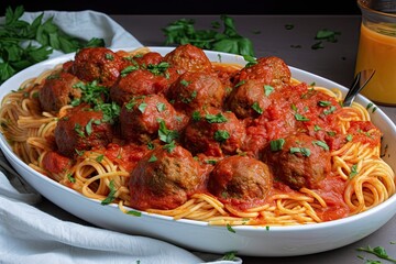 Sticker - platter of spaghetti and meatballs, ready to serve, created with generative ai