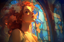 Fantasy Painting Of Beautiful Young Woman In Extravagant Flamboyant Art Nouveau Style