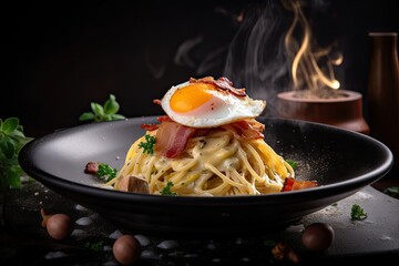 Poster - spaghetti carbonara with poached egg on top, created with generative ai