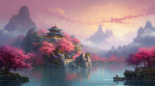 The Boundless Peach Blossom Pool Is Thousands Of Feet Deep, Many Peach Trees And Peach Blossoms Cover The Entire Crystal Clear Lake. AI Generative