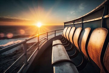 Wall Mural - one free seat on the grandstand, with breathtaking view of a sunrise over the ocean, created with generative ai