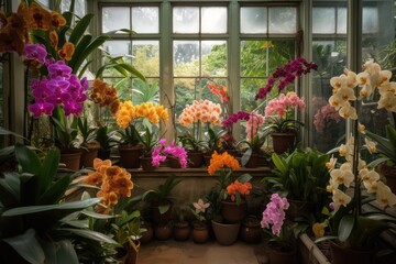 Wall Mural - close-up of vibrant orchids in greenhouse, with windows and doors visible, created with generative ai