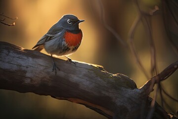 Canvas Print - male redstart bird perched on tree branch, with its crimson shining in the light, created with generative ai