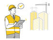 © taehee - illustrations of safety management and supervision of workers in construction site interior, construction, civil engineering, and construction management