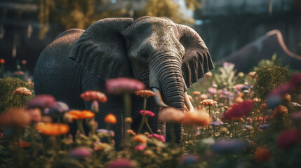 Sticker - Elephant in a flower garden Generative AI 