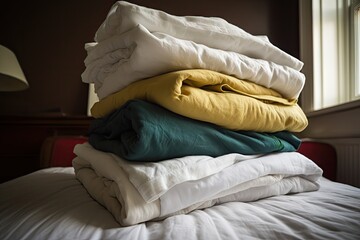 Poster - stack of freshly laundered bed linens, ready for a good night's sleep, created with generative ai