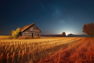 Wall Mural - warm autumn night, with harvest moon and starry sky above the fields, created with generative ai