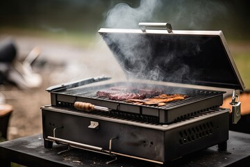 Poster - close-up of portable grill, with meat sizzling and smoke rising, created with generative ai