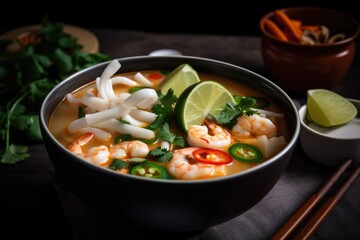 Sticker - bowl of tom yam soup, ready to be served with a side of rice noodles, created with generative ai