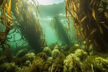 Wall Mural - close-up of kelp forest, with swaying fronds and underwater plants, created with generative ai