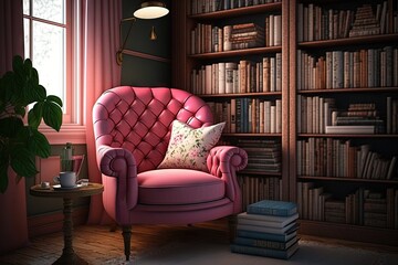 Canvas Print - pink armchair, surrounded by bookshelves filled with novels, in cozy and intimate reading room, created with generative ai