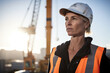 © ADDICTIVE STOCK - Generative AI illustration of pensive adult female construction engineer in hardhat and vest looking away thoughtfully while standing against crane on high rise construction site during work process
