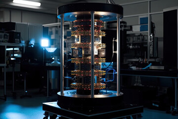 Generative AI image of a futuristic quantum computer with lights and connections placed against other digital devices in the middle of a data centre