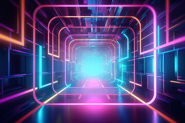 Abstract background of futuristic tunnel with bright neon lights created with generative AI technology