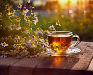 tasty calming refreshing chamomile tea surrounded by chamomile flowers . Generative AI