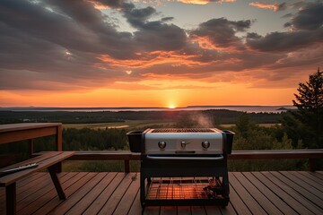 Sticker - portable grill on wooden deck with serene view of the sunset, created with generative ai