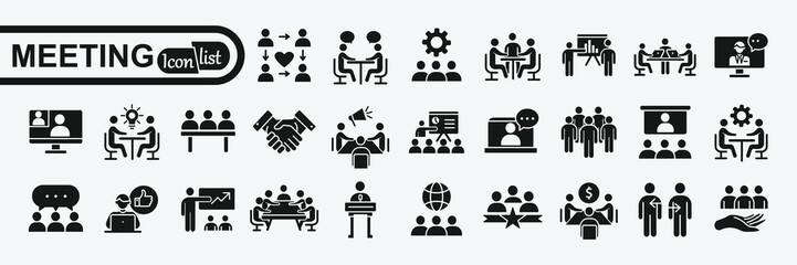 Meeting web icon set . Conference, team, brainstorm, seminar, interview, collection. Vector illustration.
