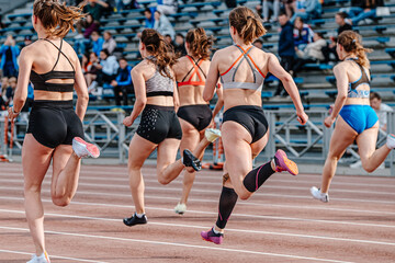 Wall Mural - rear view group female athlete runners running sprint race, summer athletics championships