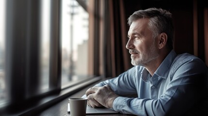 The mature businessman with the laptop sitting near the office window and admiring view from window. Generative AI AIG21.