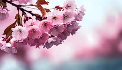Wall Mural - Sakura flowers or Cherry blossoms in full bloom on a pink background and backdrop, copy space for text, good as banner and wallpaper, season greetings, and other design material.
