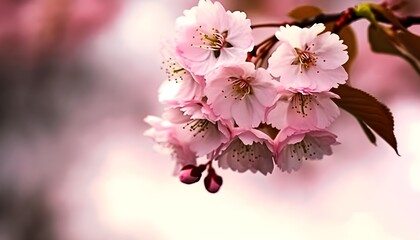 Wall Mural - Sakura flowers or Cherry blossoms in full bloom on a pink background and backdrop, copy space for text, good as banner and wallpaper, season greetings, and other design material.