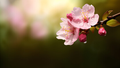 Wall Mural - Sakura flowers or Cherry blossoms in full bloom on a pink background and backdrop, copy space for text, good as banner and wallpaper, season greetings, and other design material.