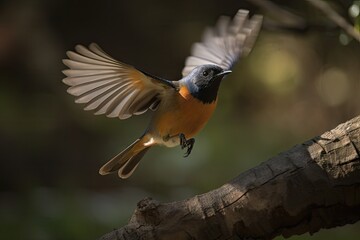 Canvas Print - male redstart landing on tree branch, its wings outstretched, created with generative ai