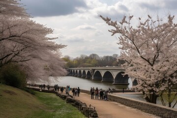 Poster - cherry blossom park, with visitors enjoying the blooms and views, created with generative ai