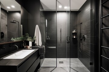 Poster - minimalist home bathroom with sleek shower and black tile, created with generative ai