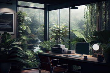 Wall Mural - office with view of lush rainforest, filled with plants and wildlife, created with generative ai