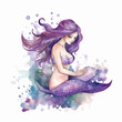 illustrazione di sirena viola clip art in stile acquerello , sfondo bianco scontornabile ,creata con intelligenza artificiale