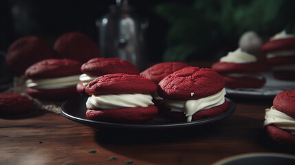 Wall Mural - Red velvet whoopie pies with cream cheese Generative AI 