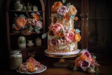 Canvas Print - a whimsical wedding cake with vintage-inspired flowers and decorations, created with generative ai