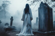 © Magnetu - A woman ghost in white cloth with creepy eyes in horrible background with mist Generative AI.