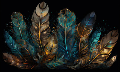 The feathers in the artwork is colorful and colorful, in the style of dark gold and dark cyan, AI Generative