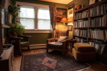 Poster - library, with reading nook and cozy armchair, for quiet and peaceful study, created with generative ai