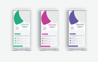 Creative Colorful Stylish corporate roll up banner design in curve shape layout, geometric triangle and exhibition ads pull up design x-banner design template