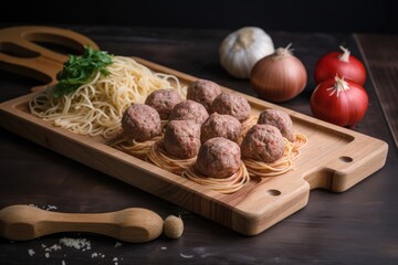 Wall Mural - spaghetti and meatballs on wooden board, ready to be cooked, created with generative ai