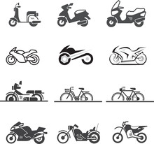 Set Of Bicycles And Bike Vector Icon Design, Bike, Motorcycle, Silhouette, Motorbike, Sport, Vector, Bicycle, Motocross, Biker, Motor, Speed, Illustration, Extreme, Race, Rider, Ride, Vehicle, Scooter