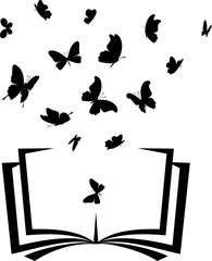 Book with flying up butterflies . Vector isolated decoration element from scattered silhouettes. Conceptual illustration of creative learning and motivation for communication.