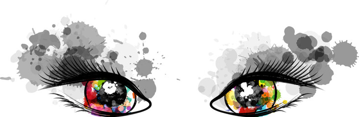 Wall Mural - beautiful colorful eyes with grey paint splash decorative elements. conceptual vector illustration i