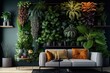vertical garden with exotic and tropical plants on wall in living room, created with generative ai