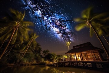 Canvas Print - exotic destination, with view of the night sky and stars shining overhead, created with generative ai