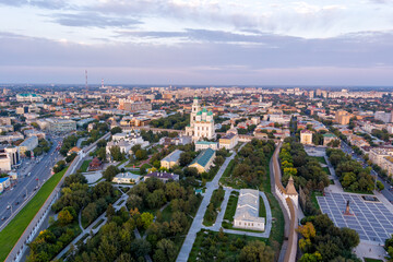 Astrakhan, Russia. Astrakhan Kremlin. Panorama of the city from the air in summer. Sunset time. Aerial view