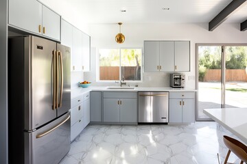 Wall Mural - mid-century modern kitchen, with sleek and elegant design elements, such as stainless steel appliances and marble countertops, created with generative ai